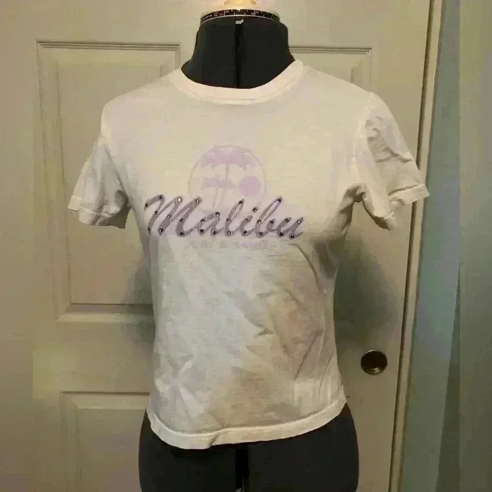 VTG Hank lavender malibu graphic white t-shirt medium *see graphic damage as sh